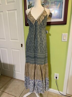 Angie Green and Cream Boho Halter Maxi Dress